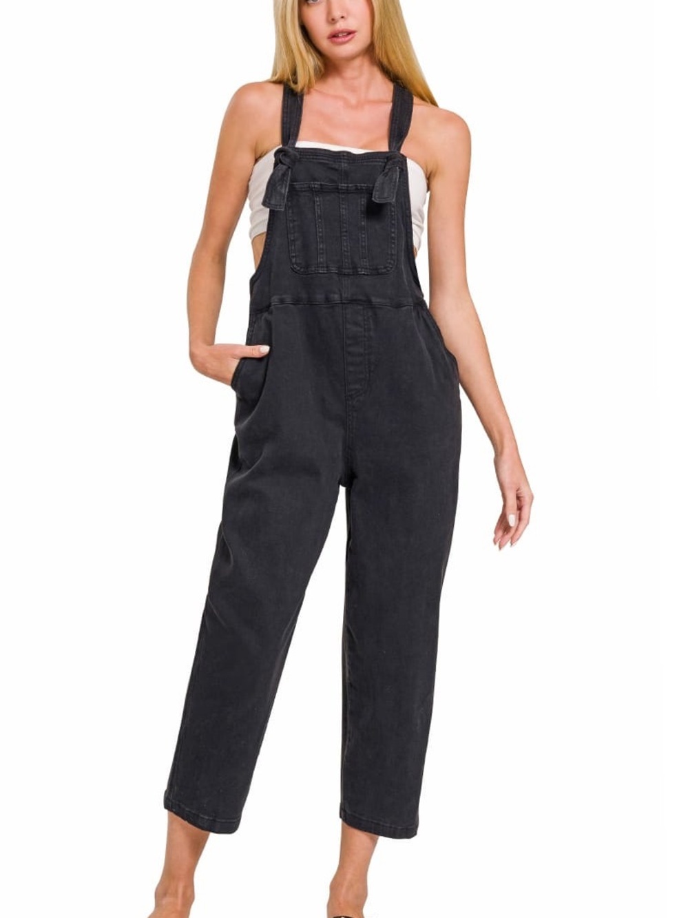Zenana Washed Black Knot Strap Relaxed Fit Overalls NWT